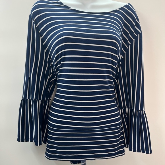 Chico’s Women’s Navy & White Striped Bell Sleeve Top – Size 3 (XL/16-18) - Picture 3 of 5